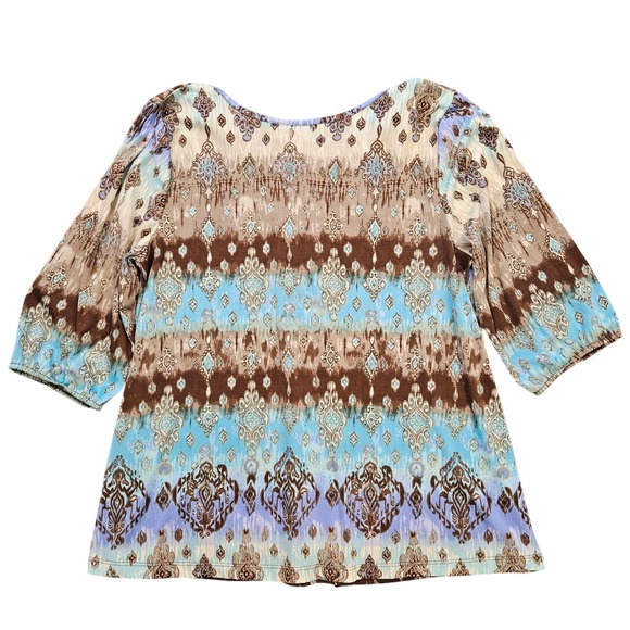 New Directions Womens XL Boho Damask Ikat Print Pleated Neck 3/4 Sleeve Top Blue - Picture 5 of 5